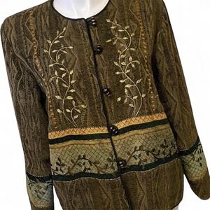 Vintage Ultimate Embroidered Tapestry Jacket Olive Green Button Up Womens XL‎
